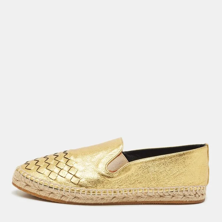 Bottega Veneta Gold Leather Intrecciato Espadrille Flats Size 37