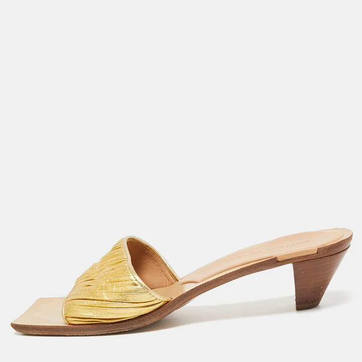 Bottega Veneta Gold Pleated Leather Slide Sandals Size 38.5