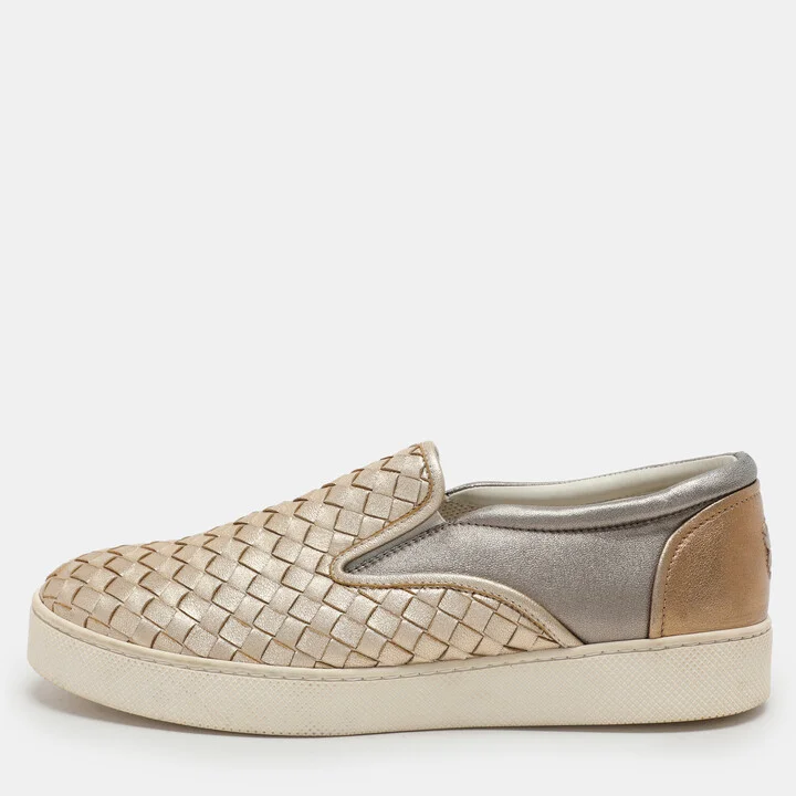 Bottega Veneta Gold/Silver Intrecciato Leather Dodger Slip On Sneakers Size 40