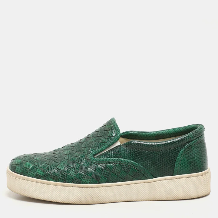 Bottega Veneta Green Intrecciato Karung Leather Dodger Slip On Sneakers Size 36.5