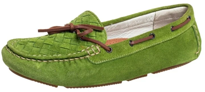 Bottega Veneta Green Intrecciato Suede Bow Slip on Loafers Size 38