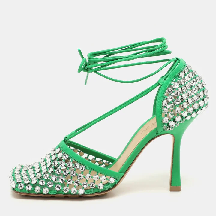 Bottega Veneta Green Leather And Cotton Mesh Sparkle Stretch Ankle Wrap Sandals Size 37