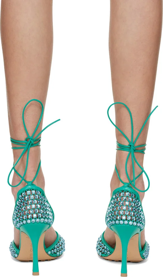 Bottega Veneta Green Sparkle Stretch Web Heels - Image 2