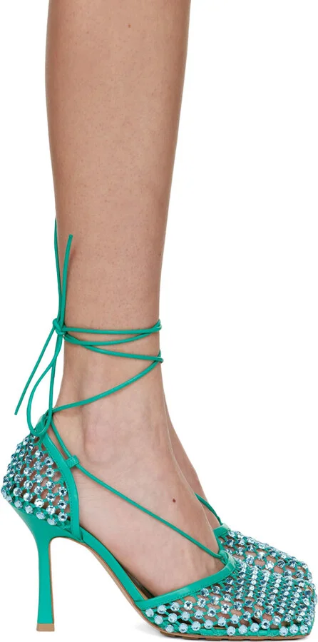Bottega Veneta Green Sparkle Stretch Web Heels