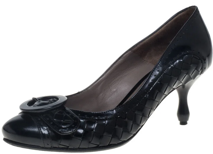 Bottega Veneta Intrecciato Black Patent Leather Buckle Detail Pumps Size 36