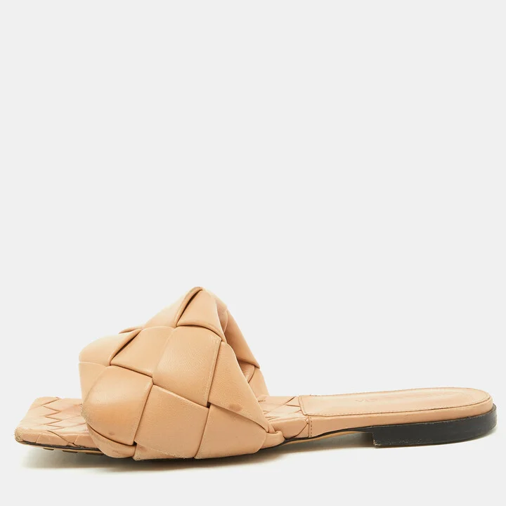 Bottega Veneta Light Brown Leather Lido Flat Slide Sandals Size 38