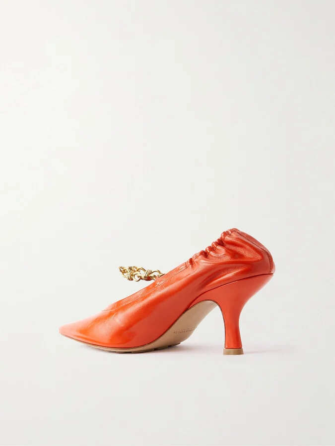 Bottega Veneta - Melbourne Embellished Glossed Crinkled-leather Pumps - Orange - Image 3