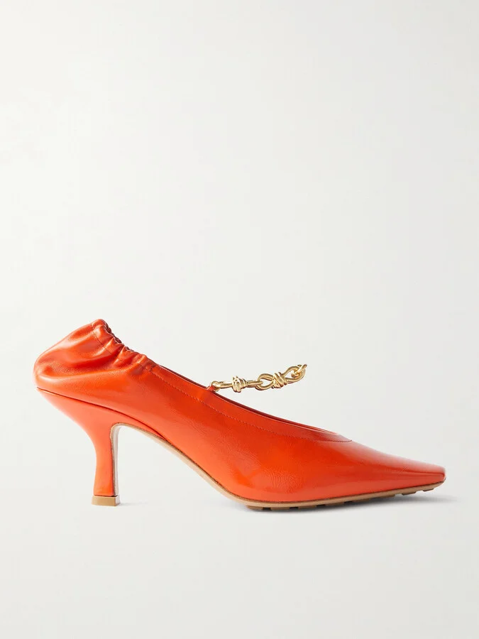 Bottega Veneta - Melbourne Embellished Glossed Crinkled-leather Pumps - Orange