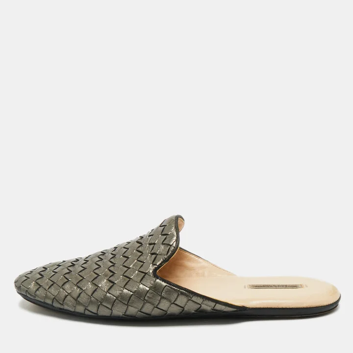 Bottega Veneta Metallic Bronze Leather Intrecciato Mules 38