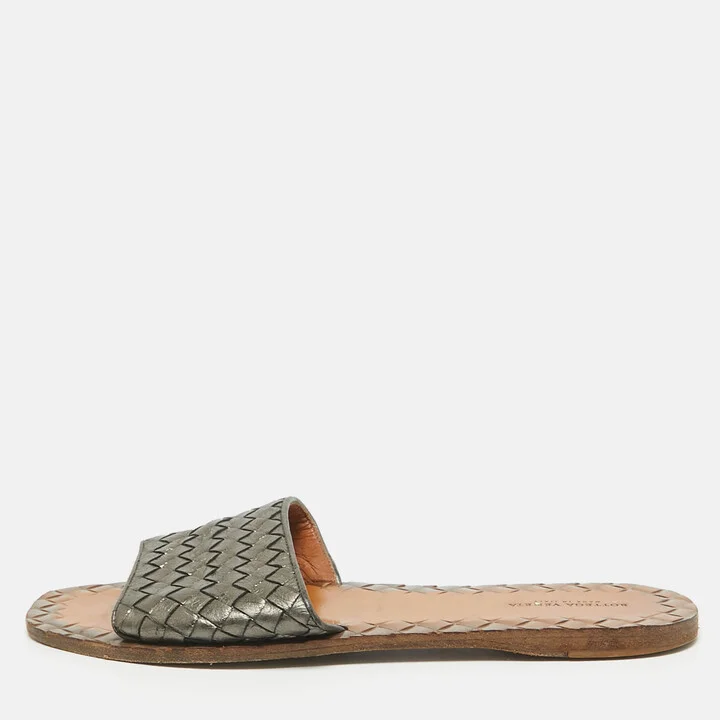 Bottega Veneta Metallic Grey Intrecciato Leather Flat Slides Size 39