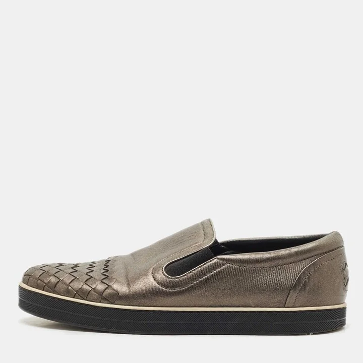 Bottega Veneta Metallic Grey Intrecciato Leather Slip On Sneakers Size 37.5