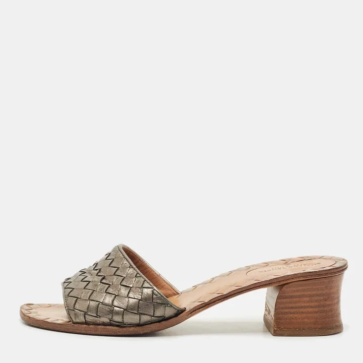 Bottega Veneta Metallic Intrecciato Leather Ravello Slide Sandals Size 37.5