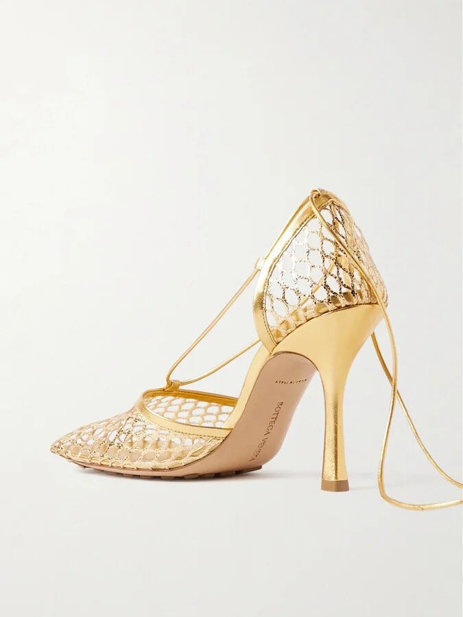 Bottega Veneta - Metallic Leather-trimmed Mesh Pumps - Gold - Image 3