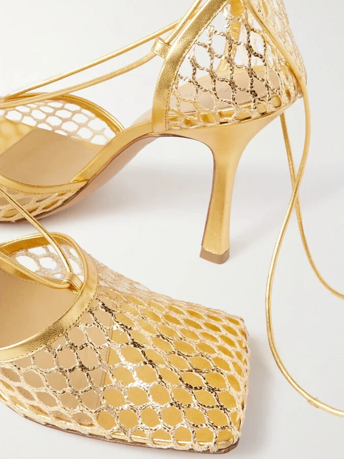 Bottega Veneta - Metallic Leather-trimmed Mesh Pumps - Gold - Image 4
