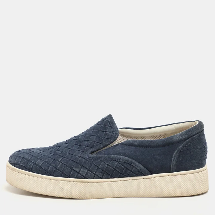 Bottega Veneta Navy Blue Intrecciato Suede Dodger Slip On Sneakers Size 36
