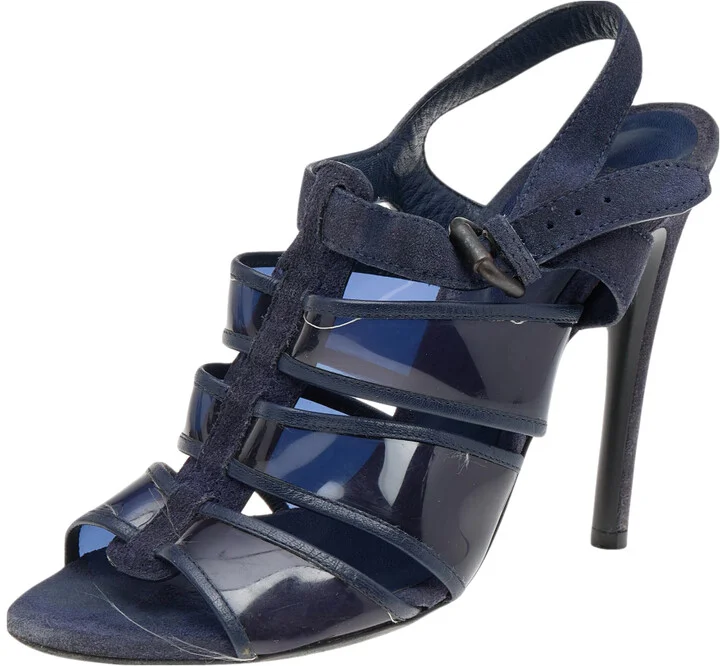 Bottega Veneta Navy Blue Suede And PVC Ankle Strap Sandals Size 38.5