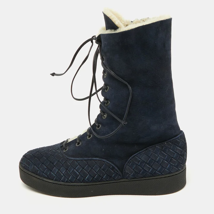Bottega Veneta Navy Blue Suede Intrecciato Lace Up Snow Boots Size 37