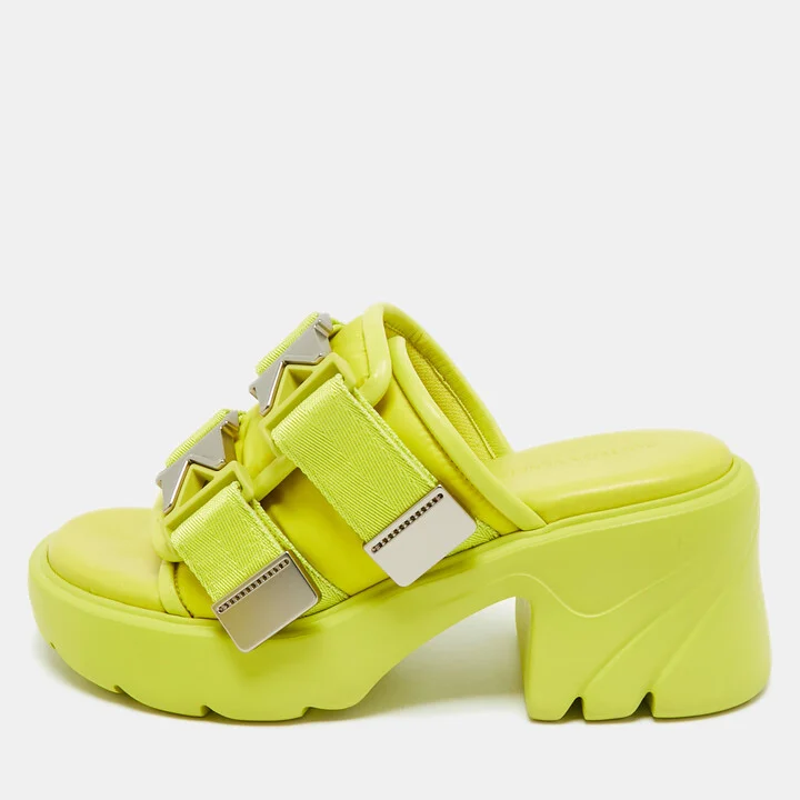 Bottega Veneta Neon Yellow Nylon and Leather Flash Platform Slide Sandals Size 39
