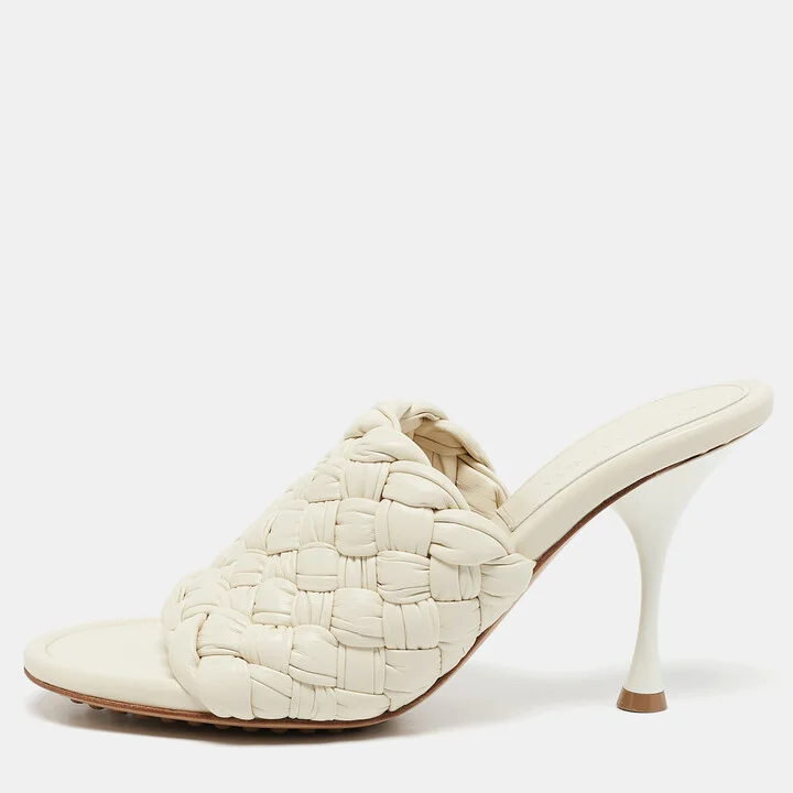 Bottega Veneta Off White Intrecciato Leather Dot Wave Slide Sandals Size 40