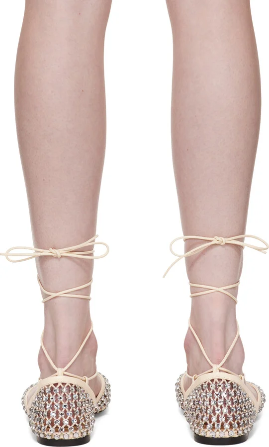 Bottega Veneta Off-White Sparkle Stretch Lace-Up Flat Sandals - Image 2