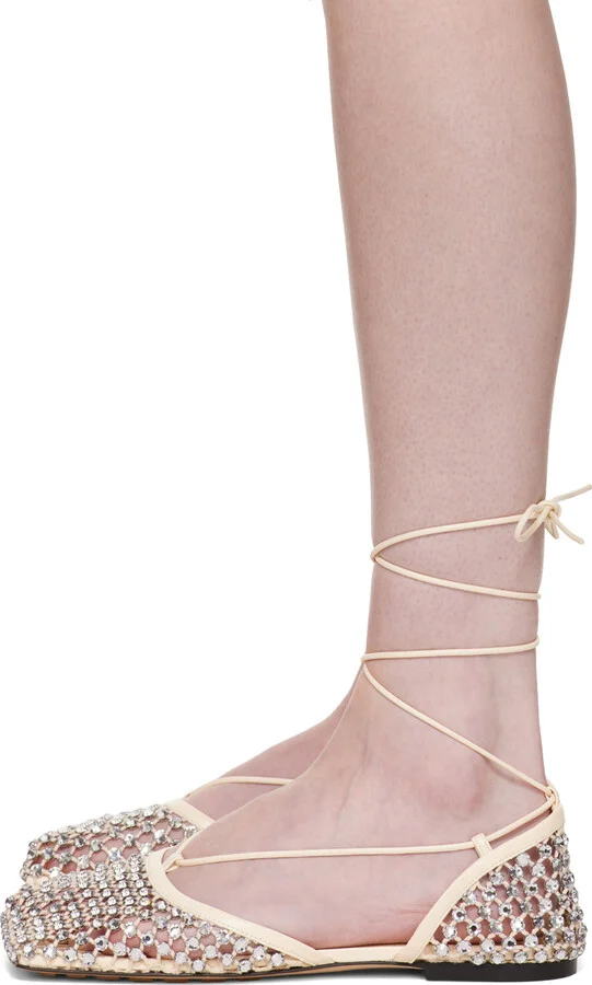 Bottega Veneta Off-White Sparkle Stretch Lace-Up Flat Sandals - Image 3