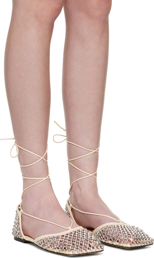Bottega Veneta Off-White Sparkle Stretch Lace-Up Flat Sandals - Image 4