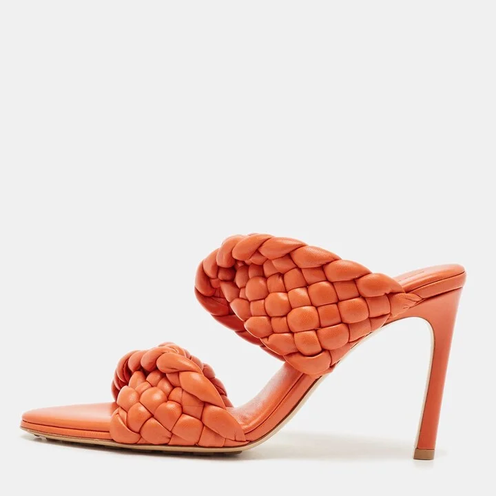 Bottega Veneta Orange Intrecciato Leather Curve Slide Sandals Size 39