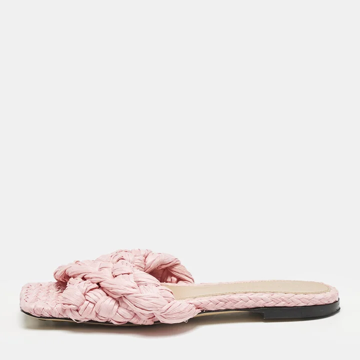 Bottega Veneta Pink Woven Raffia Stretch Flat Slides Size 36