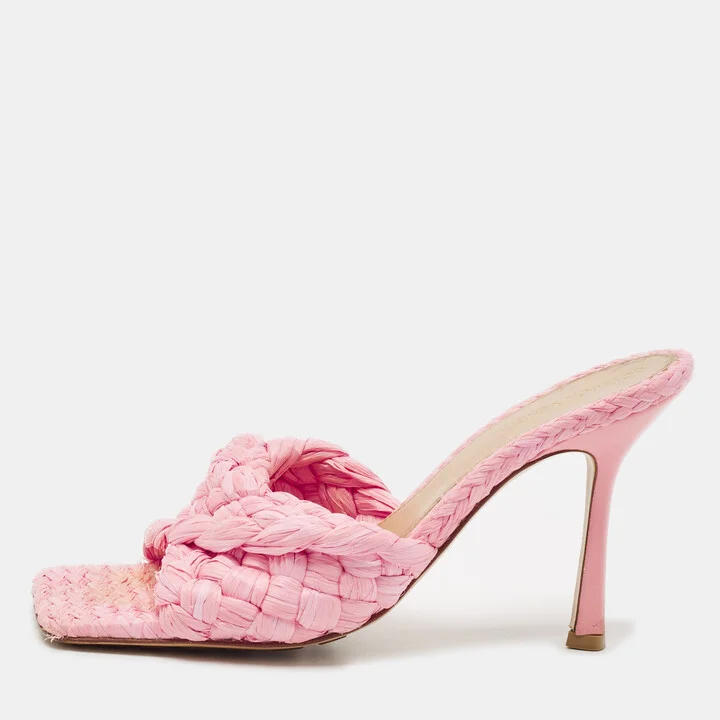 Bottega Veneta Pink Woven Raffia Stretch Slide Sandals Size 39
