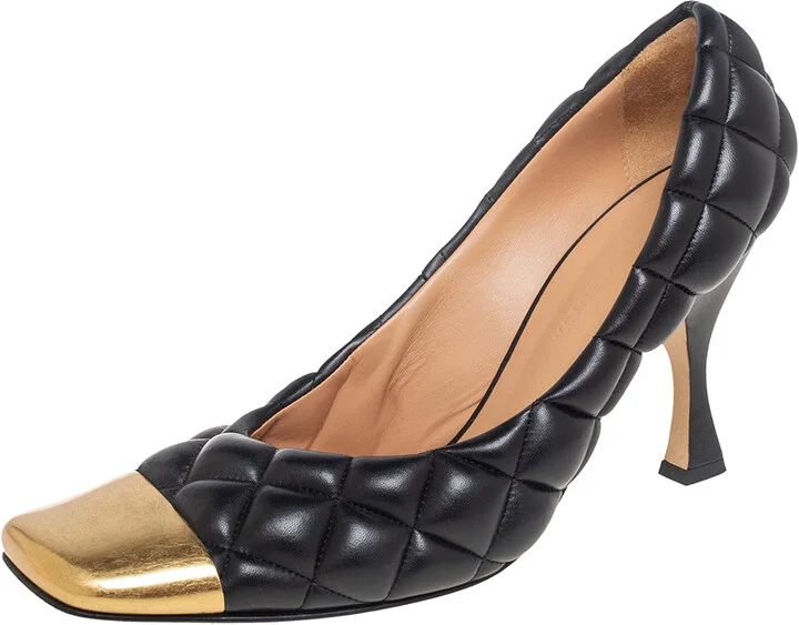 Bottega Veneta Quilted Black Leather Square Metal Cap Toe Pumps Size 39