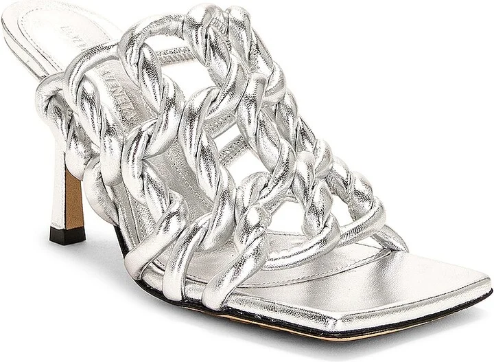 Bottega Veneta Reflection Weave Stretch Mule Sandals in Metallic Silver - Image 2