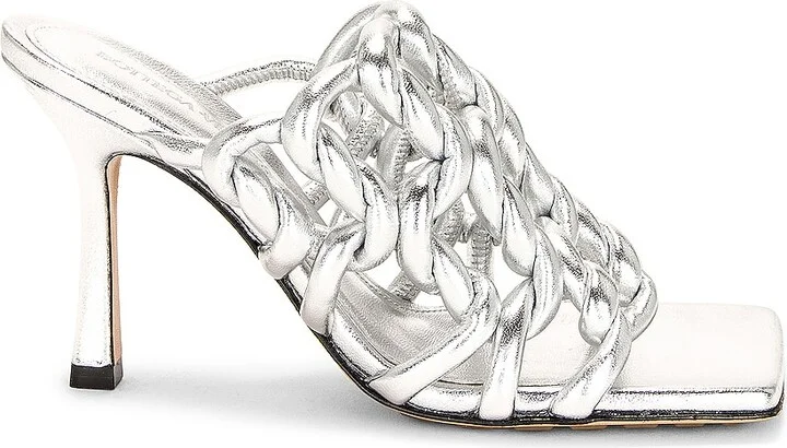 Bottega Veneta Reflection Weave Stretch Mule Sandals in Metallic Silver