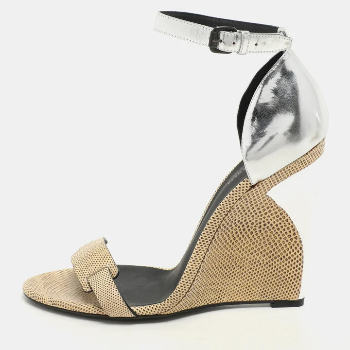 Bottega Veneta Silver Foil Leather and Karung Leather Ankle Strap Wedge Sandals Size 40