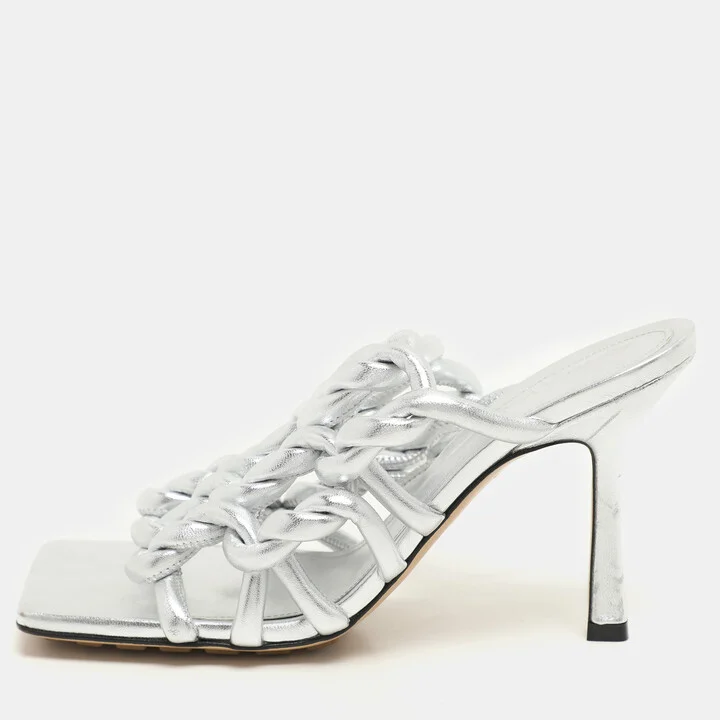 Bottega Veneta Silver Foil Leather Stretch Mules Size 37