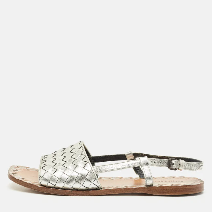 Bottega Veneta Silver Intrecciato Leather Calvados Slingback Sandals Size 38
