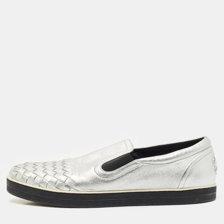 Bottega Veneta Silver Intrecciato Leather Dodger Slip On Sneakers Size 40