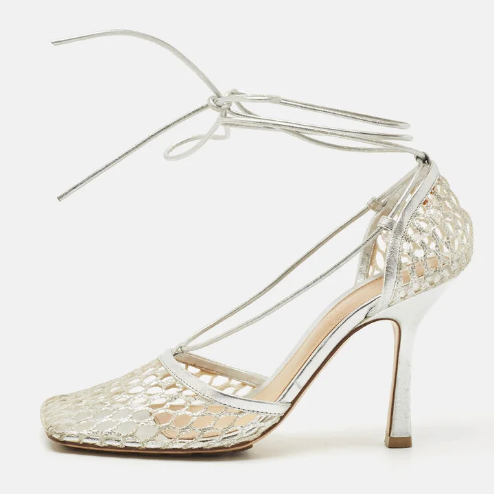 Bottega Veneta Silver Mesh and Leather Stretch Ankle Tie Pumps Size 37