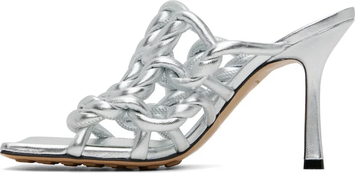 Bottega Veneta Silver Stretch Mule Heeled Sandals - Image 3