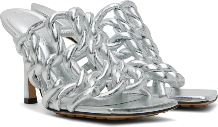 Bottega Veneta Silver Stretch Mule Heeled Sandals - Image 4