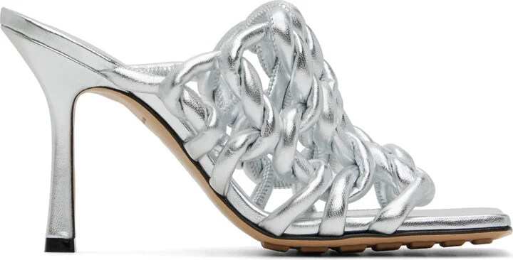 Bottega Veneta Silver Stretch Mule Heeled Sandals