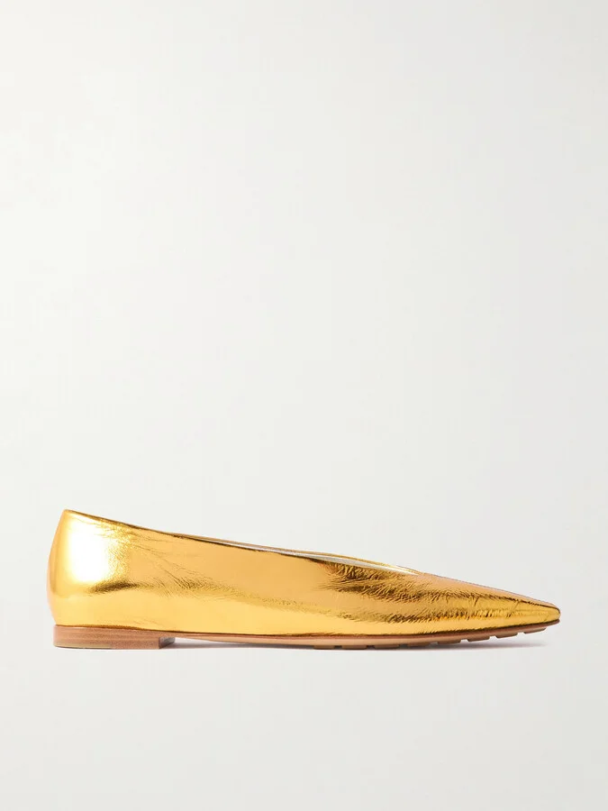 Bottega Veneta - Sofia Metallic Textured-leather Point-toe Ballet Flats - Gold