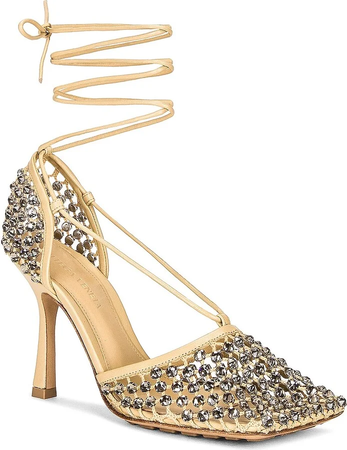 Bottega Veneta Sparkle Stretch Lace-Up Sandals in Beige - Image 2