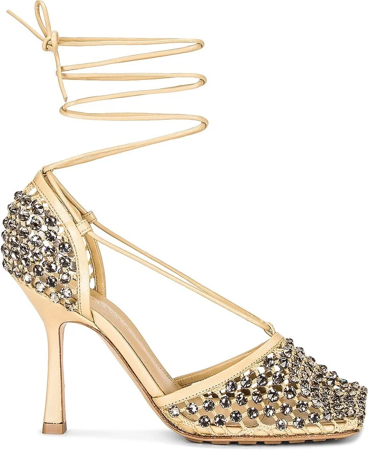 Bottega Veneta Sparkle Stretch Lace-Up Sandals in Beige