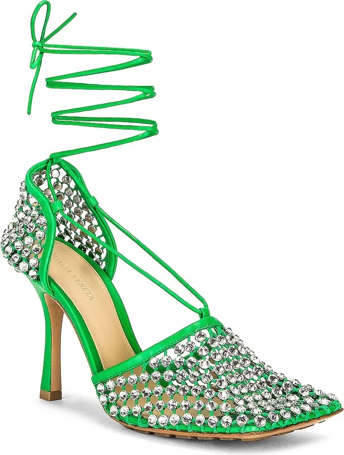 Bottega Veneta Sparkle Stretch Lace-Up Sandals in Green - Image 2