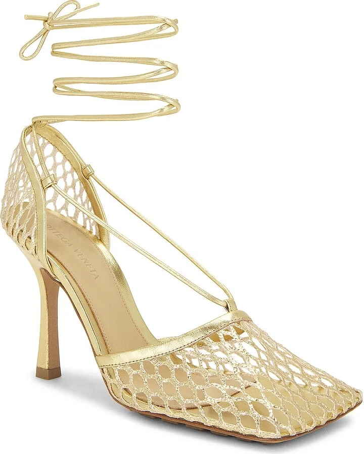 Bottega Veneta Stretch Lace-Up Sandals in Metallic Gold - Image 2