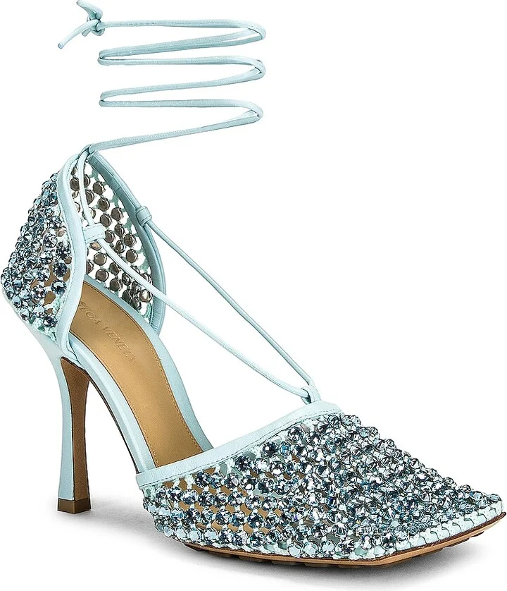 Bottega Veneta Web Sparkle Stretch Lace Up Sandals in Baby Blue - Image 2