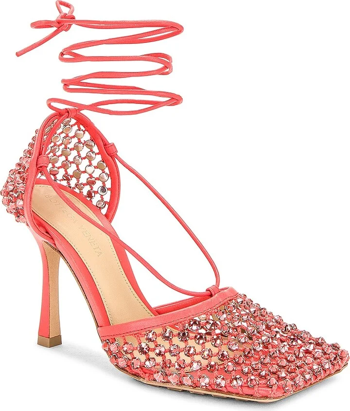 Bottega Veneta Web Sparkle Stretch Lace Up Sandals in Coral - Image 2