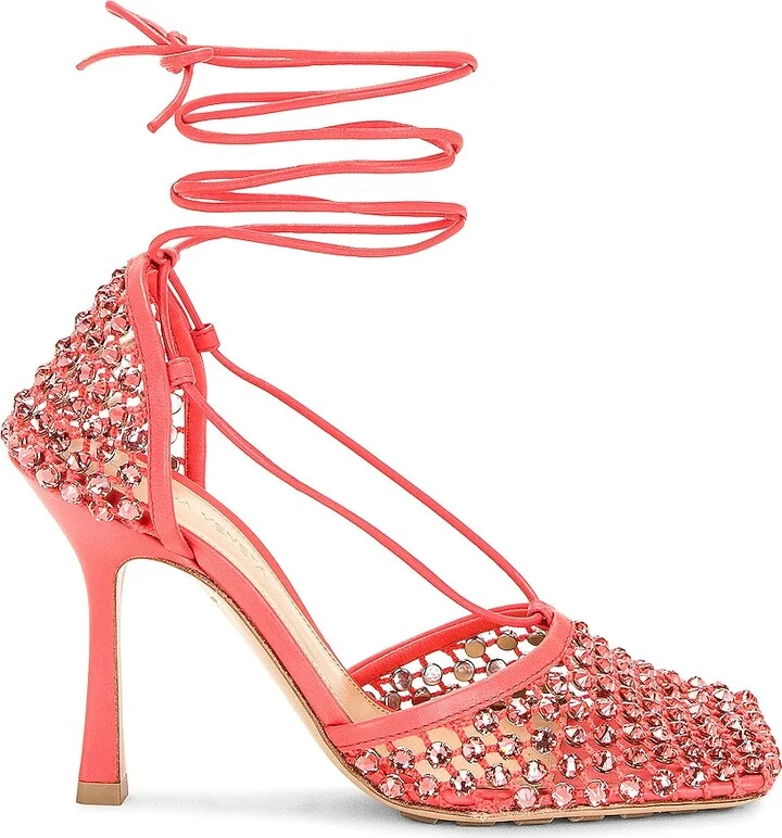 Bottega Veneta Web Sparkle Stretch Lace Up Sandals in Coral