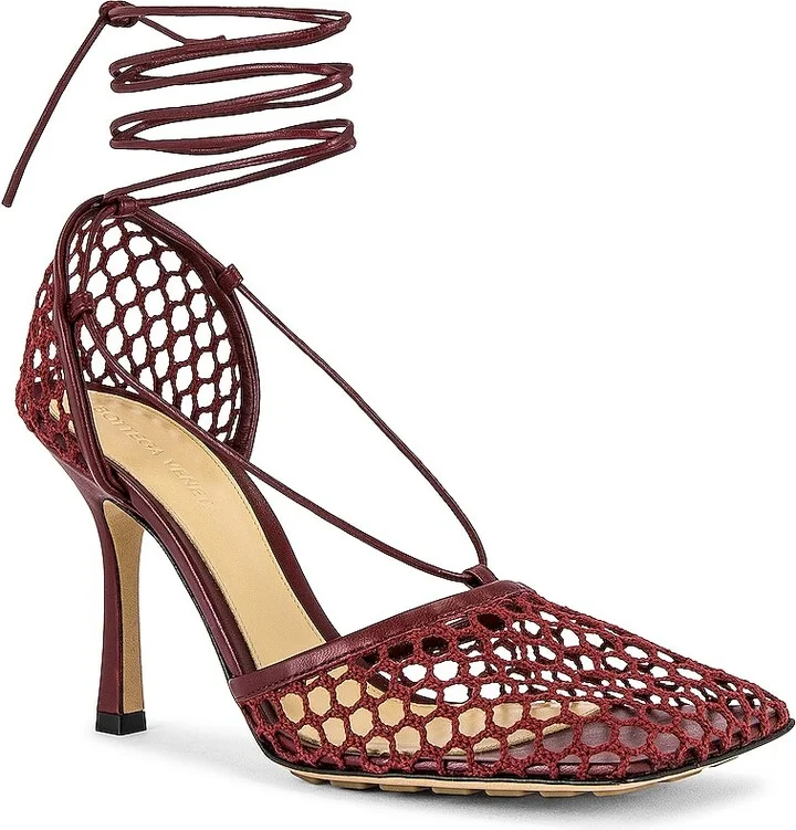 Bottega Veneta Web Stretch Lace Up Sandals in Burgundy - Image 2