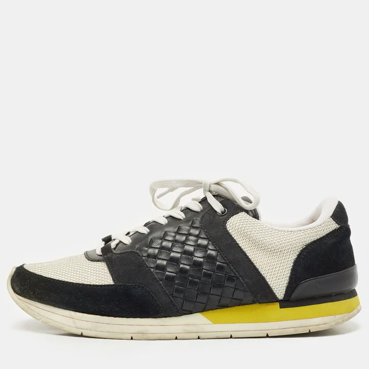 Bottega Veneta White/Black Intrecciato Leather and Suede Lace Up Sneakers Size 42